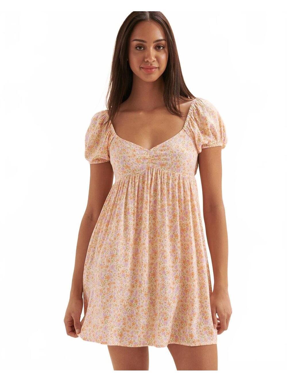 Billabong Floral Babydoll Mini Dress Puff Sleeve Peach Pink Medium Cottagecore